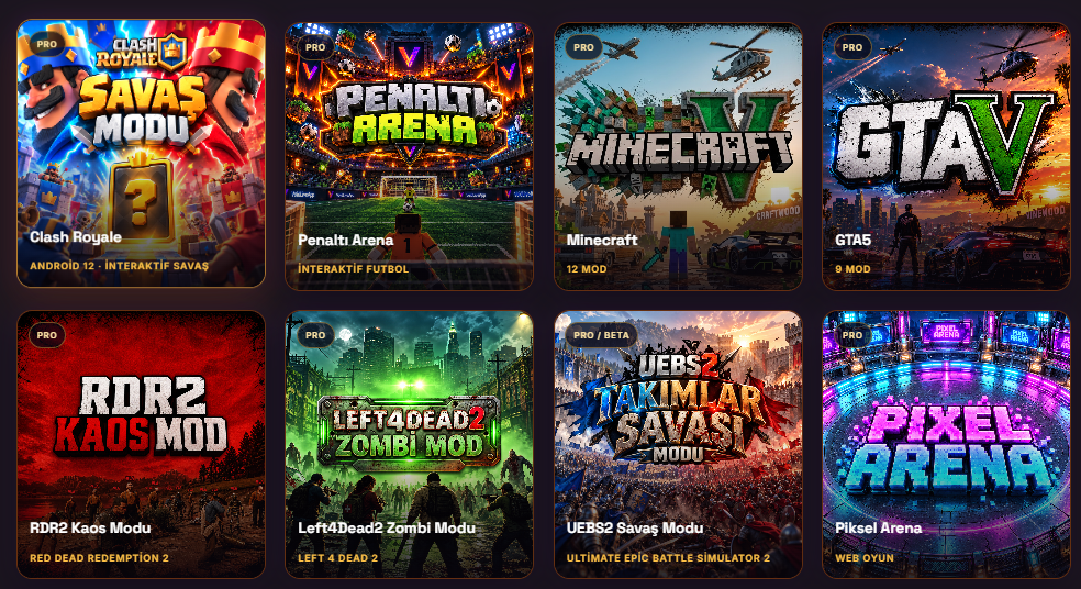 Clash Royale, Penaltı Arena, Minecraft, GTA5, RDR2, Left4Dead2, UEBS2 ve Piksel Arena oyun kataloğu